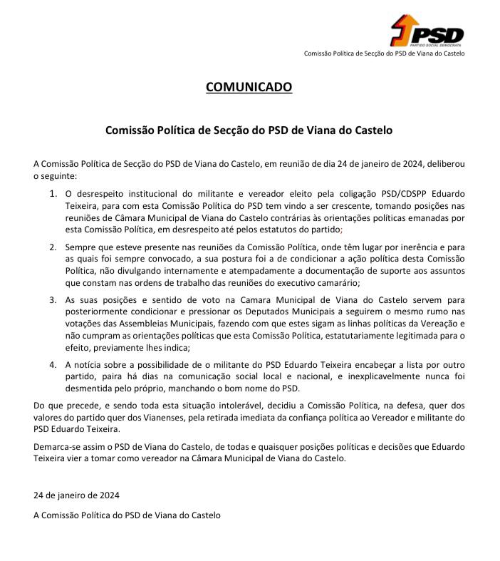 Viana: PSD retira confiança política a Eduardo Teixeira comunicado PSD