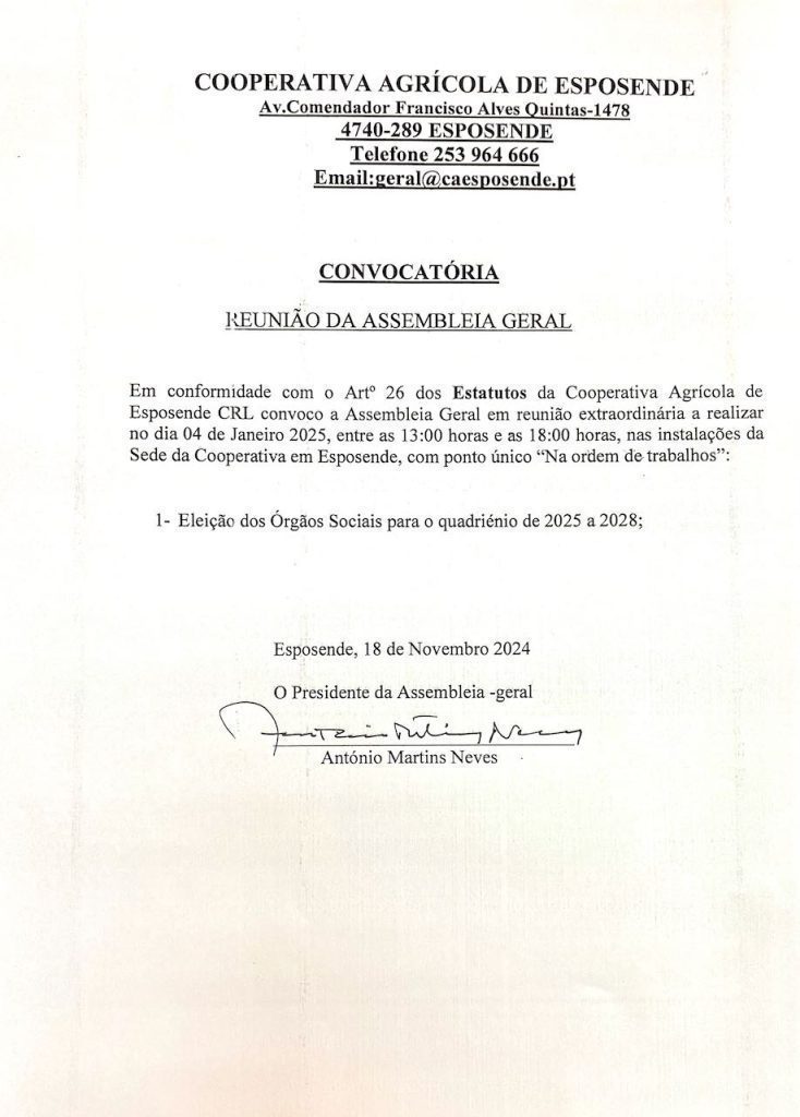 Esposende: Cooperativa Agrícola convoca eleições cooperativa de esposende