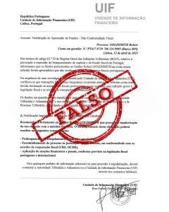PJ: Alerta. Nova burla com uso indevido da sua Unidade de Informação Financeira Burla falso PJ 1