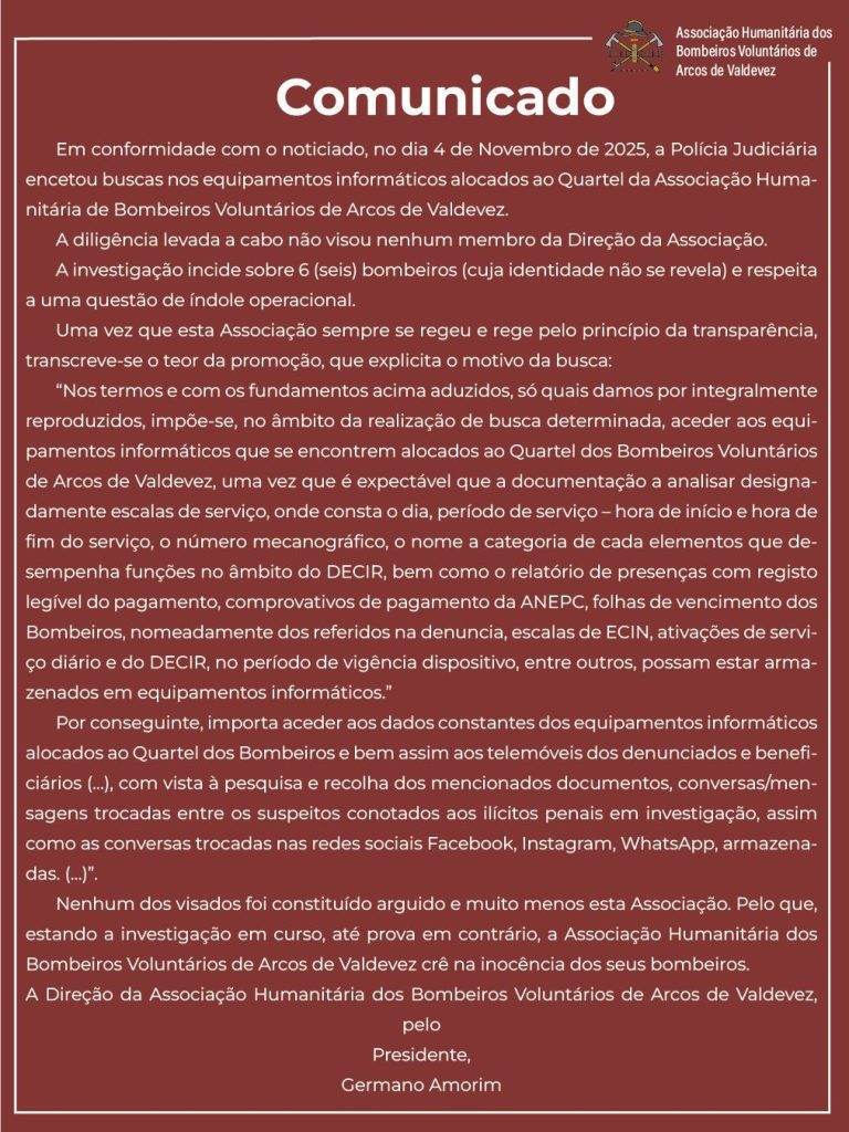 Minho: PJ faz buscas em quartéis de bombeiros. Arcos de Valdevez e Vieira do Minho entre os visados WhatsApp Image 2025 11 07 at 11.45.11