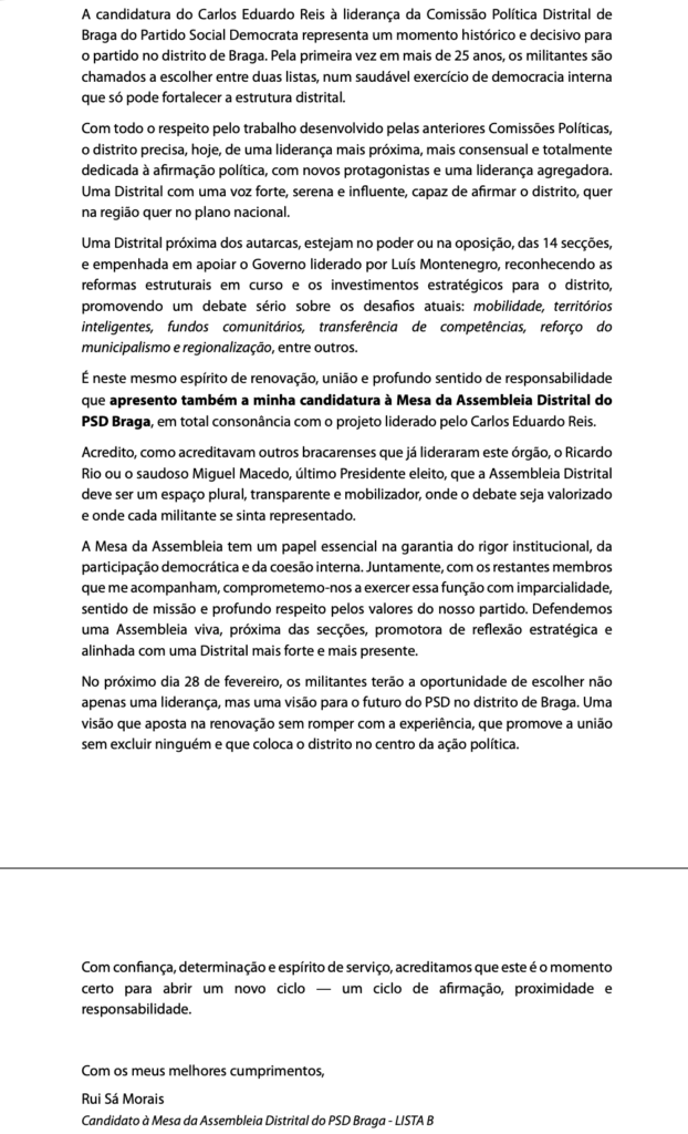 Braga: Rui Sá Morais candidata-se à Mesa da Assembleia Distrital do PSD na Lista B Rui Sá Morais