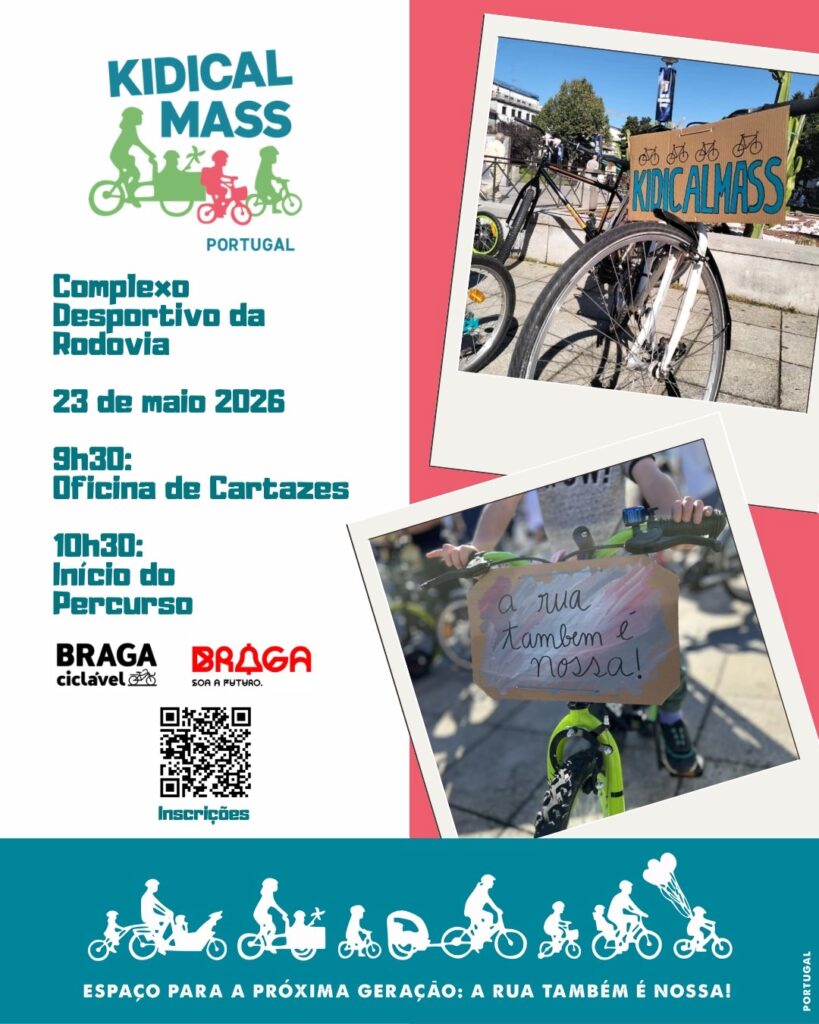 Braga Ciclável promove a 23 de maio mais uma edição da Kidical Mass Braga, iniciativa que defende cidades mais seguras e acessíveis para crianças e famílias.