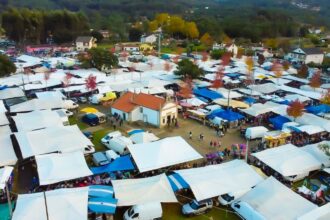 Vista aérea das tendas da Feira dos Santos de Cerdal à volta de uma capela
