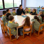 Educadora sentada a uma mesa com um grupo de crianças de bata numa sala de jardim de infância
